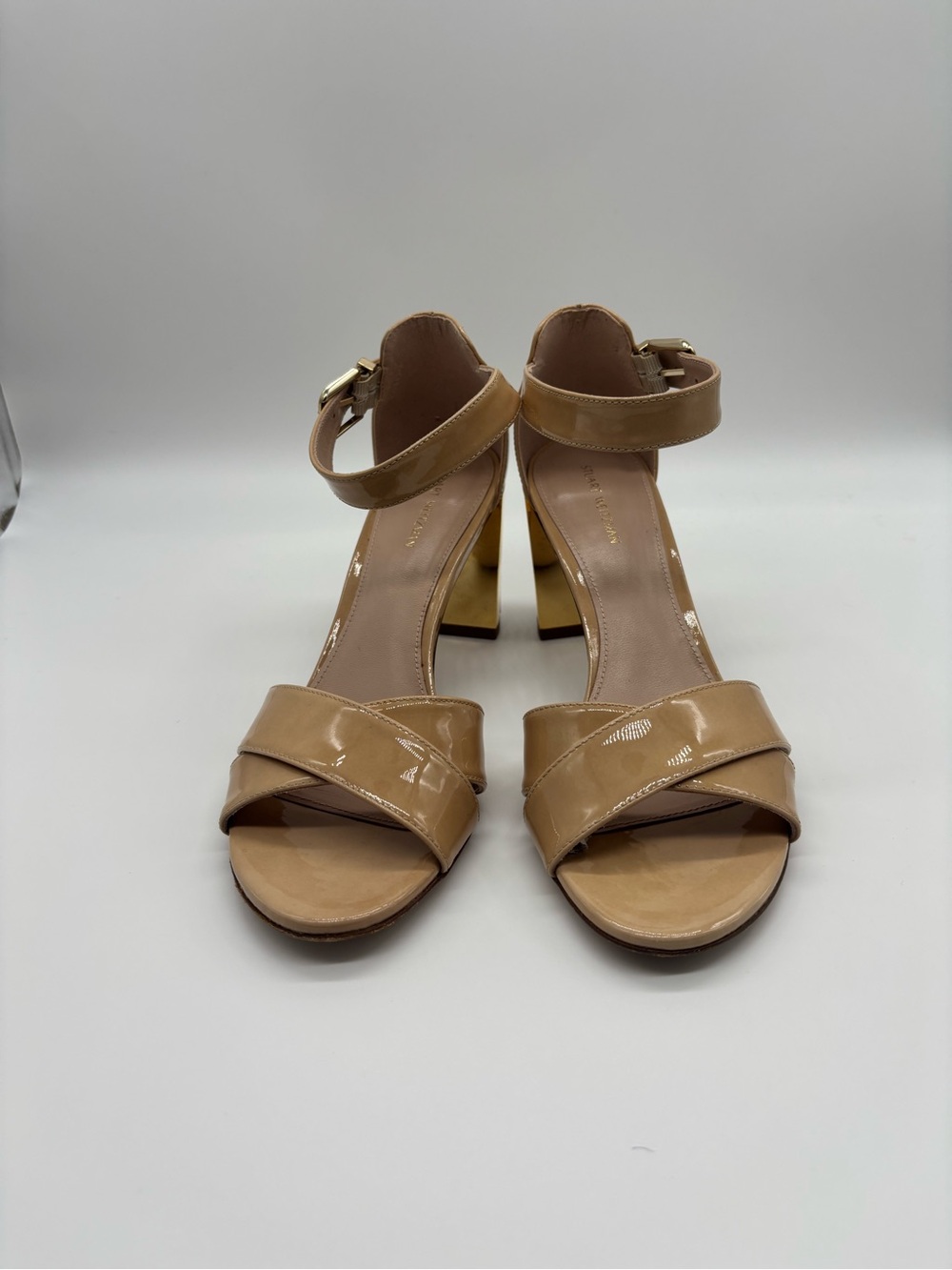Stuart Weitzman Beige Patent Leather Ankle-Strap Block Heels